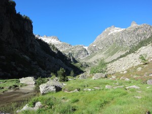 Looking back up to Refuge de Larribet (just left of centre) and Port du Lavédan (the snowy area just above the centre)