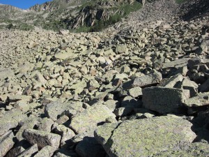 Klaas (just above the centre!) crossing the enormous boulder field near Estany d'Airoto