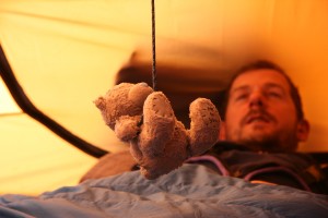 Ted descending from the roof of Andy's tent