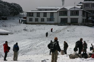 Monks skiing at Tengboche