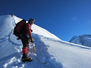 Mark on the ascent to the false summit of Lobuje East, with Everest and Nuptse in the background